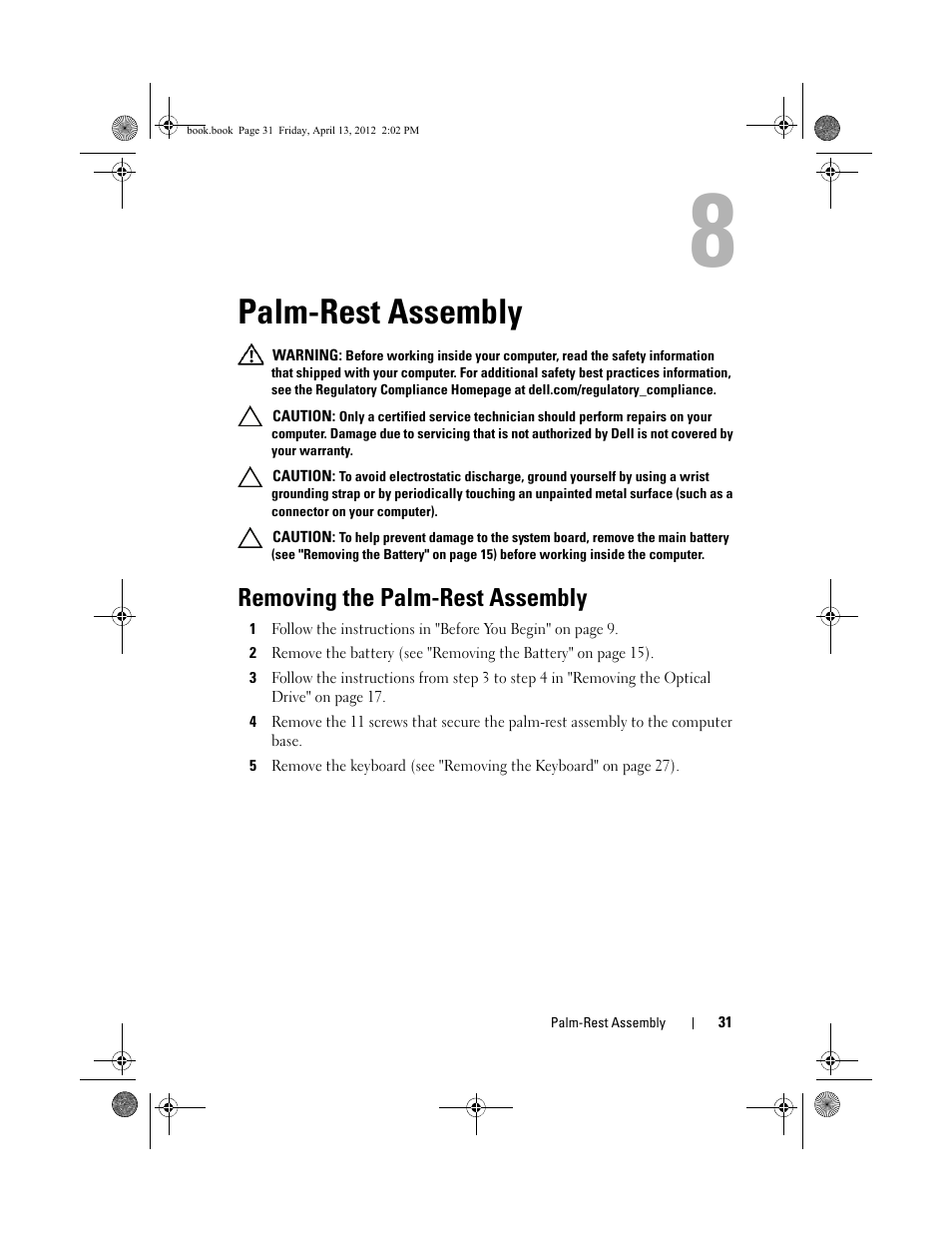 Palm-rest assembly, Removing the palm-rest assembly | Dell Inspiron 17R (N7110, Early 2011) User Manual | Page 31 / 116