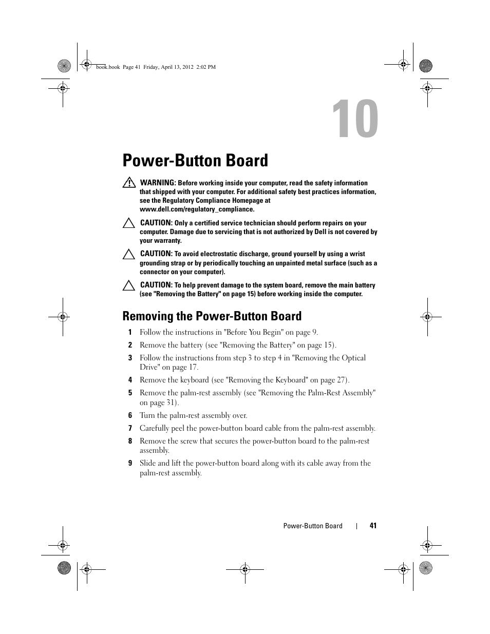 Power-button board, Removing the power-button board, D (see "removing the power-button board | Dell Inspiron 17R (N7110, Early 2011) User Manual | Page 41 / 116
