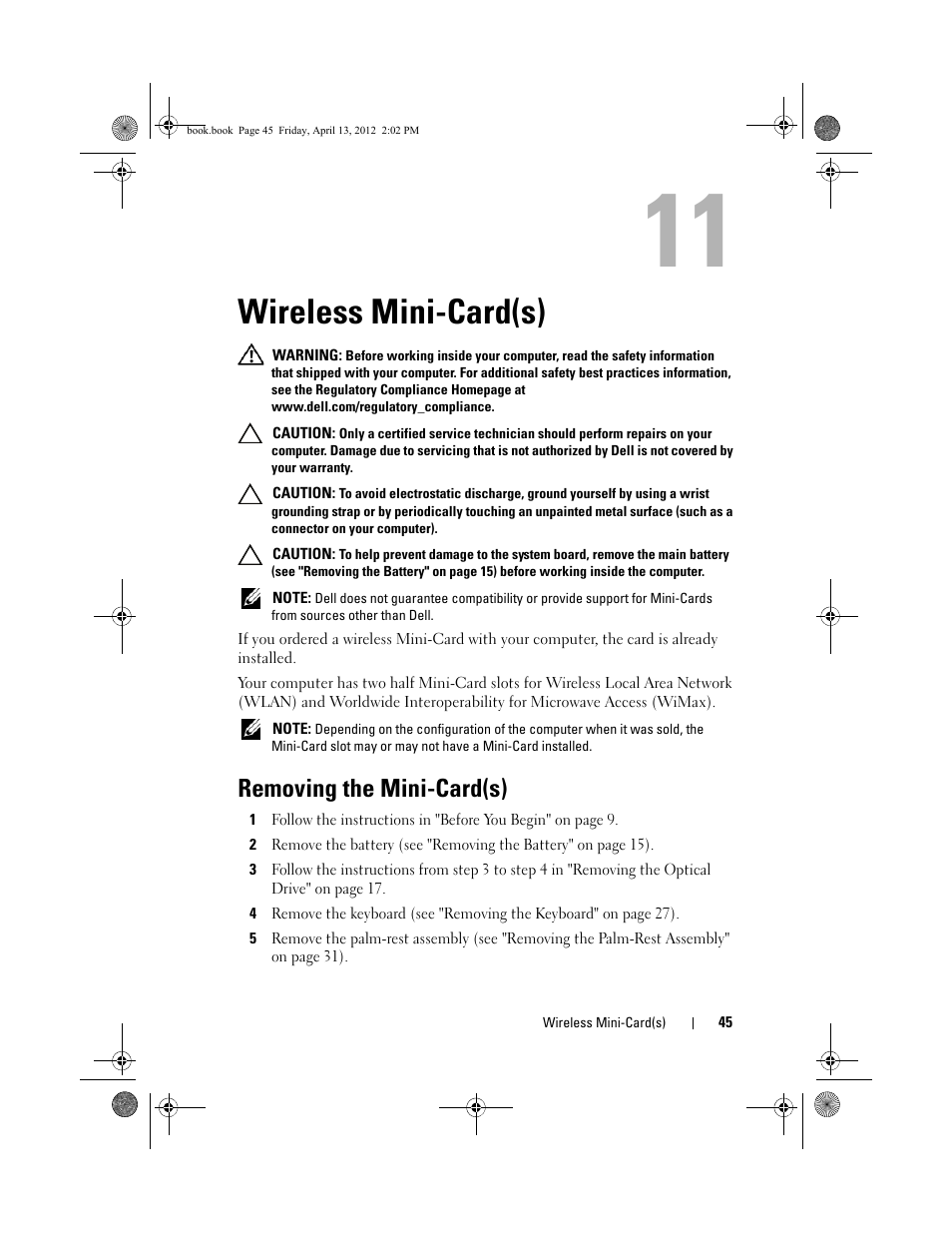 Wireless mini-card(s), Removing the mini-card(s) | Dell Inspiron 17R (N7110, Early 2011) User Manual | Page 45 / 116