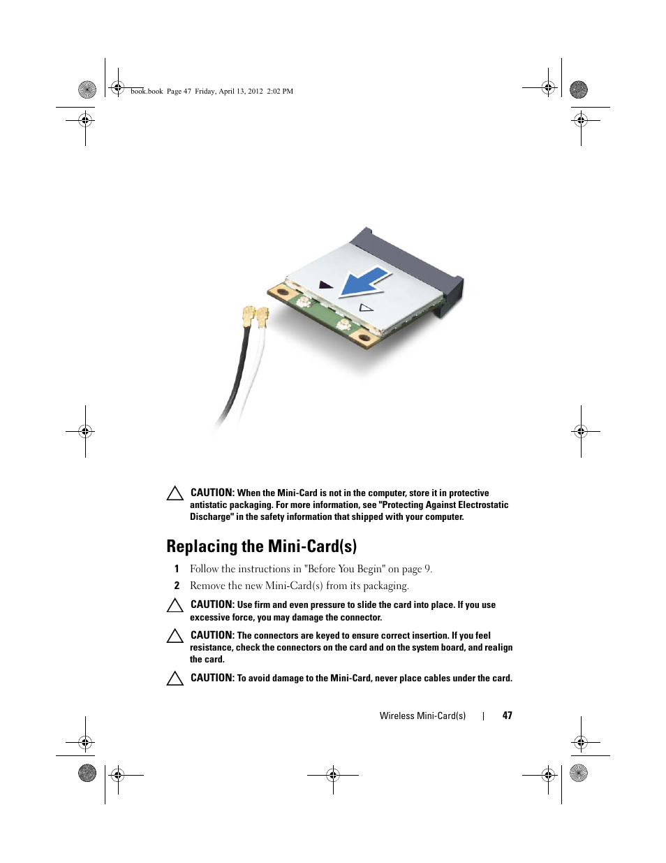 Replacing the mini-card(s), 2 remove the new mini-card(s) from its packaging | Dell Inspiron 17R (N7110, Early 2011) User Manual | Page 47 / 116