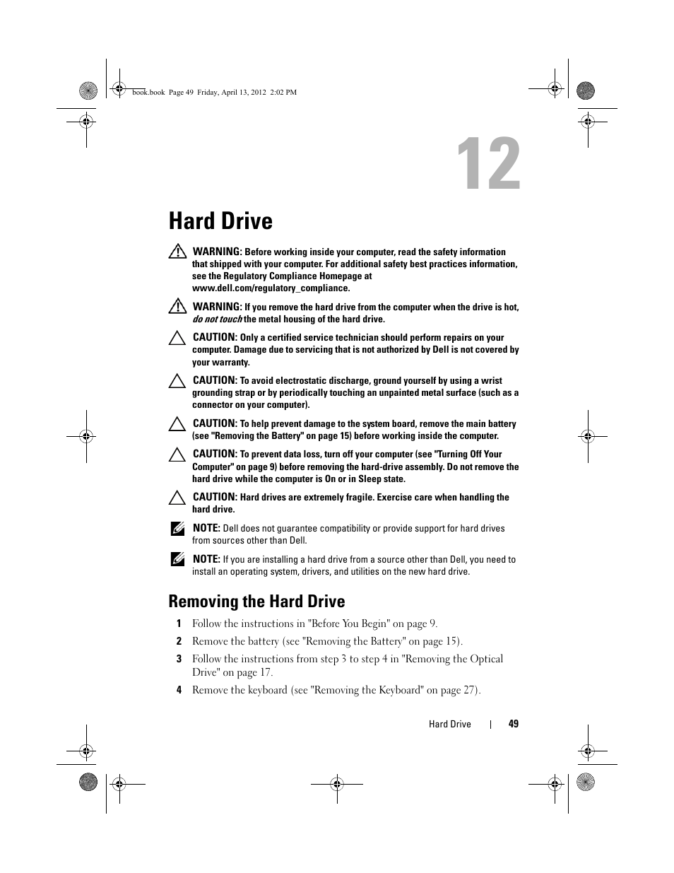 Hard drive, Removing the hard drive | Dell Inspiron 17R (N7110, Early 2011) User Manual | Page 49 / 116
