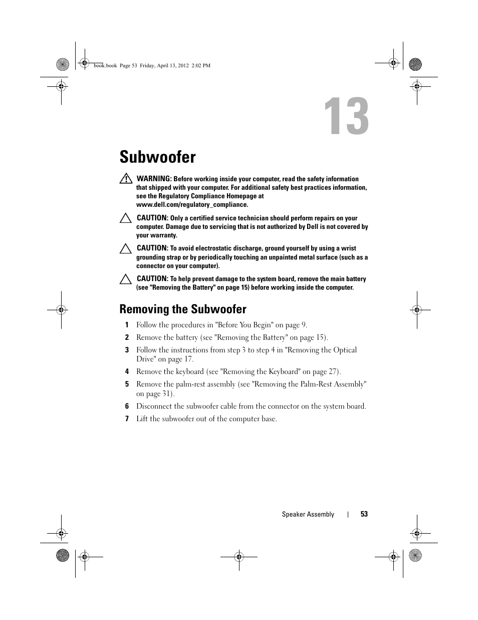 Subwoofer, Removing the subwoofer | Dell Inspiron 17R (N7110, Early 2011) User Manual | Page 53 / 116