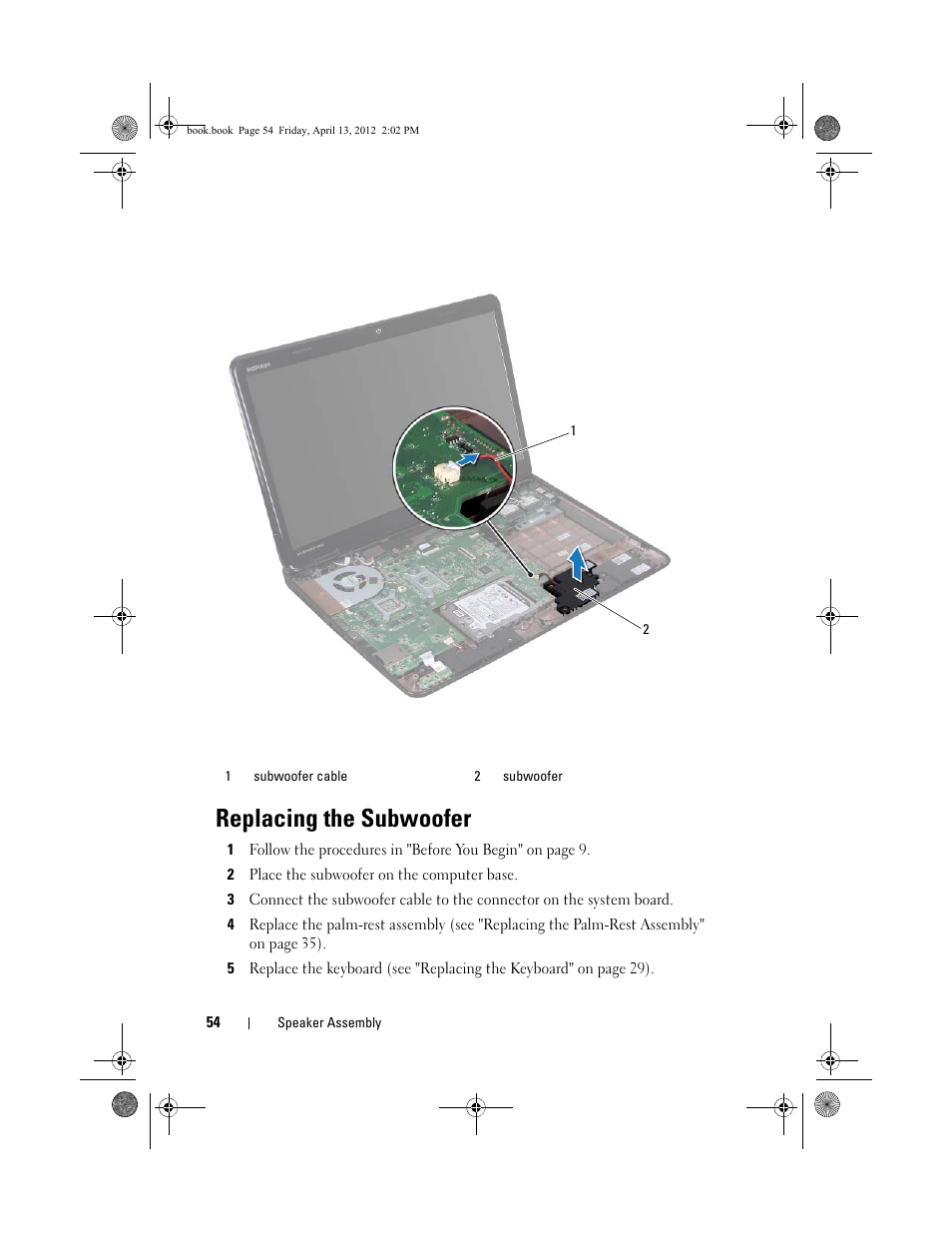 Replacing the subwoofer | Dell Inspiron 17R (N7110, Early 2011) User Manual | Page 54 / 116