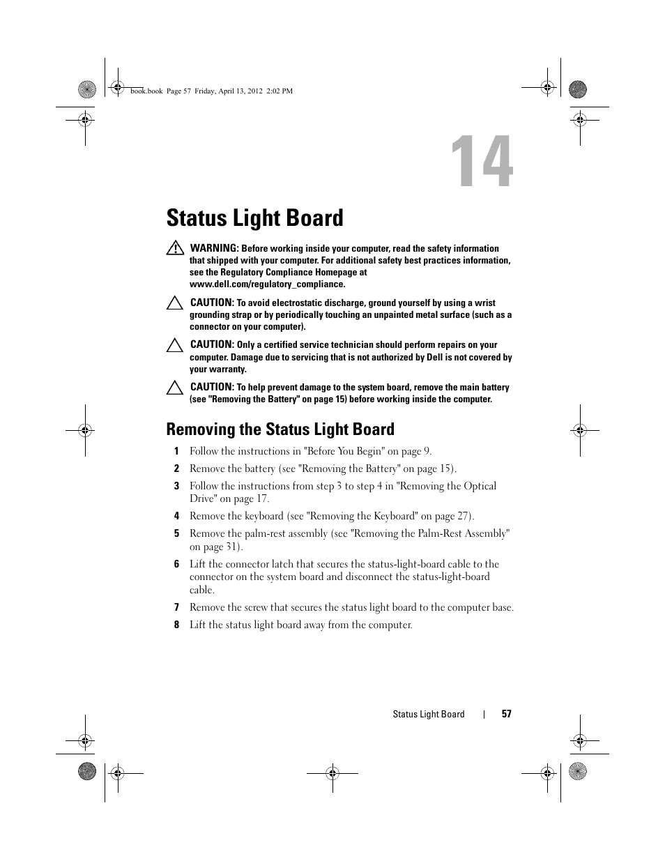 Status light board, Removing the status light board | Dell Inspiron 17R (N7110, Early 2011) User Manual | Page 57 / 116