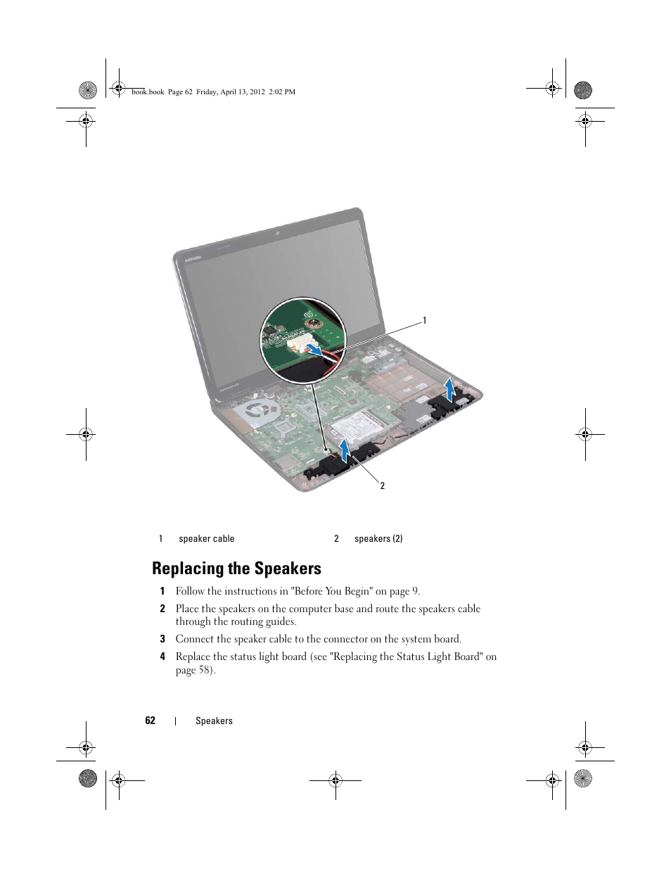 Replacing the speakers | Dell Inspiron 17R (N7110, Early 2011) User Manual | Page 62 / 116