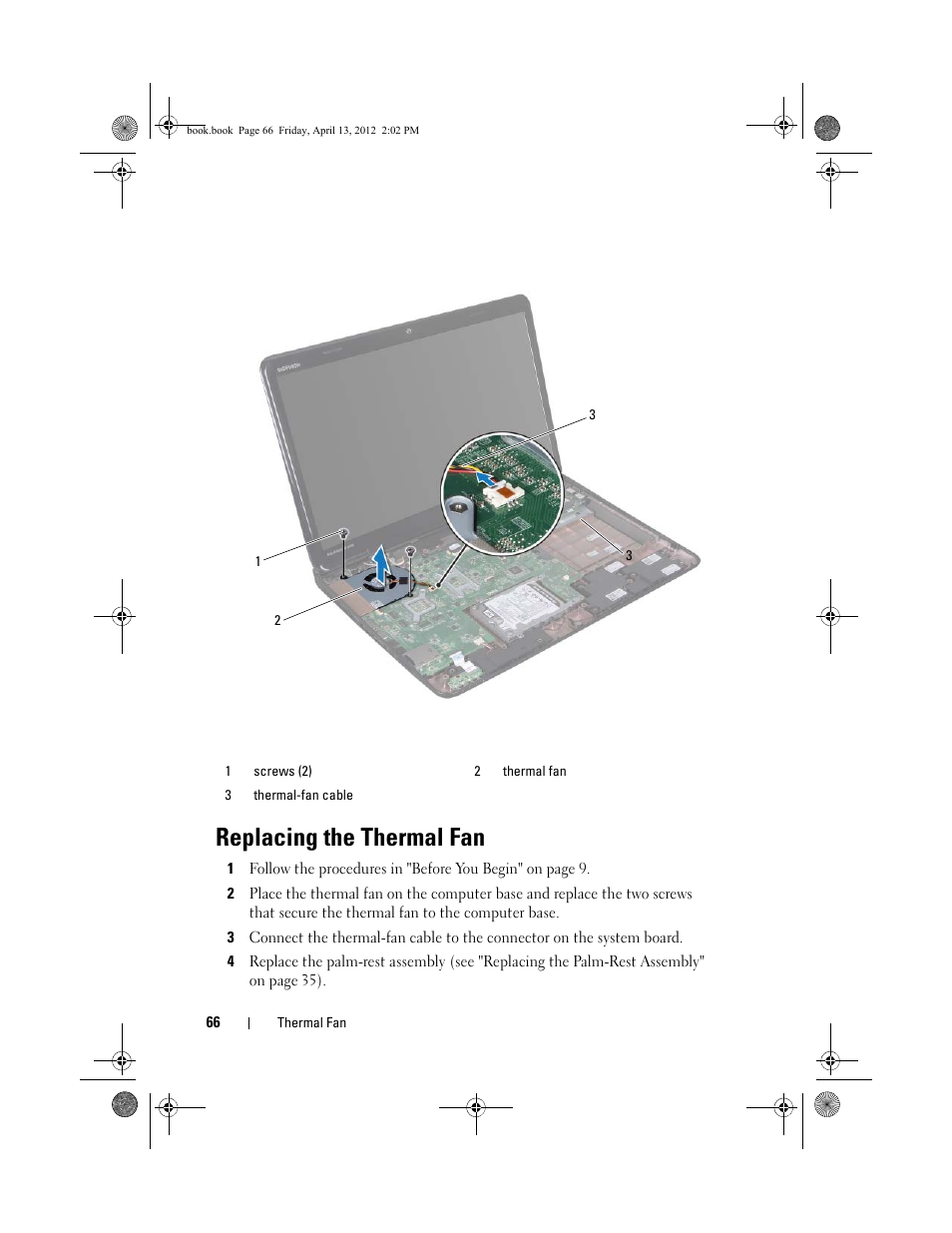 Replacing the thermal fan | Dell Inspiron 17R (N7110, Early 2011) User Manual | Page 66 / 116