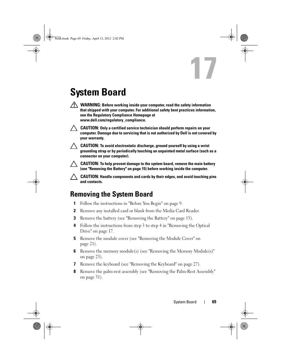 System board, Removing the system board | Dell Inspiron 17R (N7110, Early 2011) User Manual | Page 69 / 116