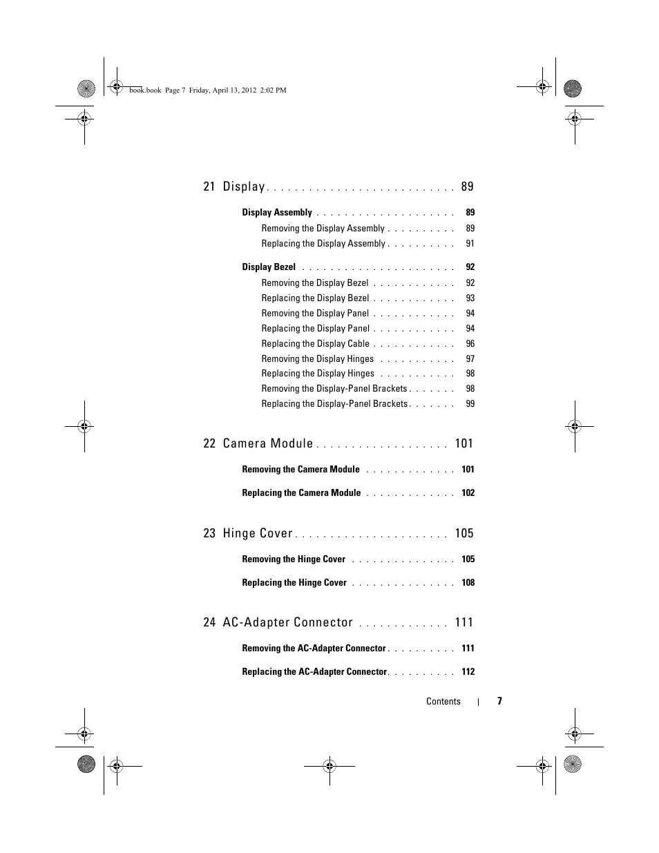 21 display, 22 camera module, 23 hinge cover | 24 ac-adapter connector | Dell Inspiron 17R (N7110, Early 2011) User Manual | Page 7 / 116