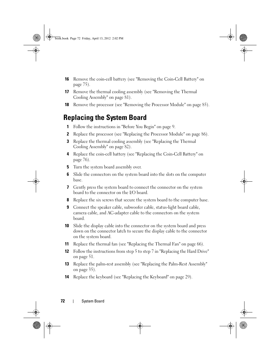 Replacing the system board, 5 turn the system board assembly over | Dell Inspiron 17R (N7110, Early 2011) User Manual | Page 72 / 116