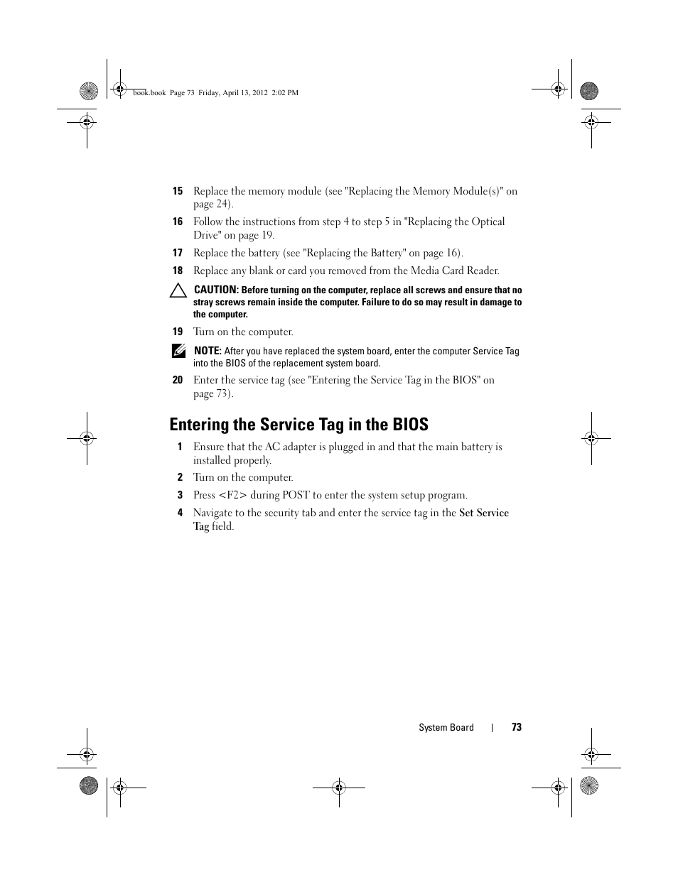 19 turn on the computer, Entering the service tag in the bios, 2 turn on the computer | Dell Inspiron 17R (N7110, Early 2011) User Manual | Page 73 / 116