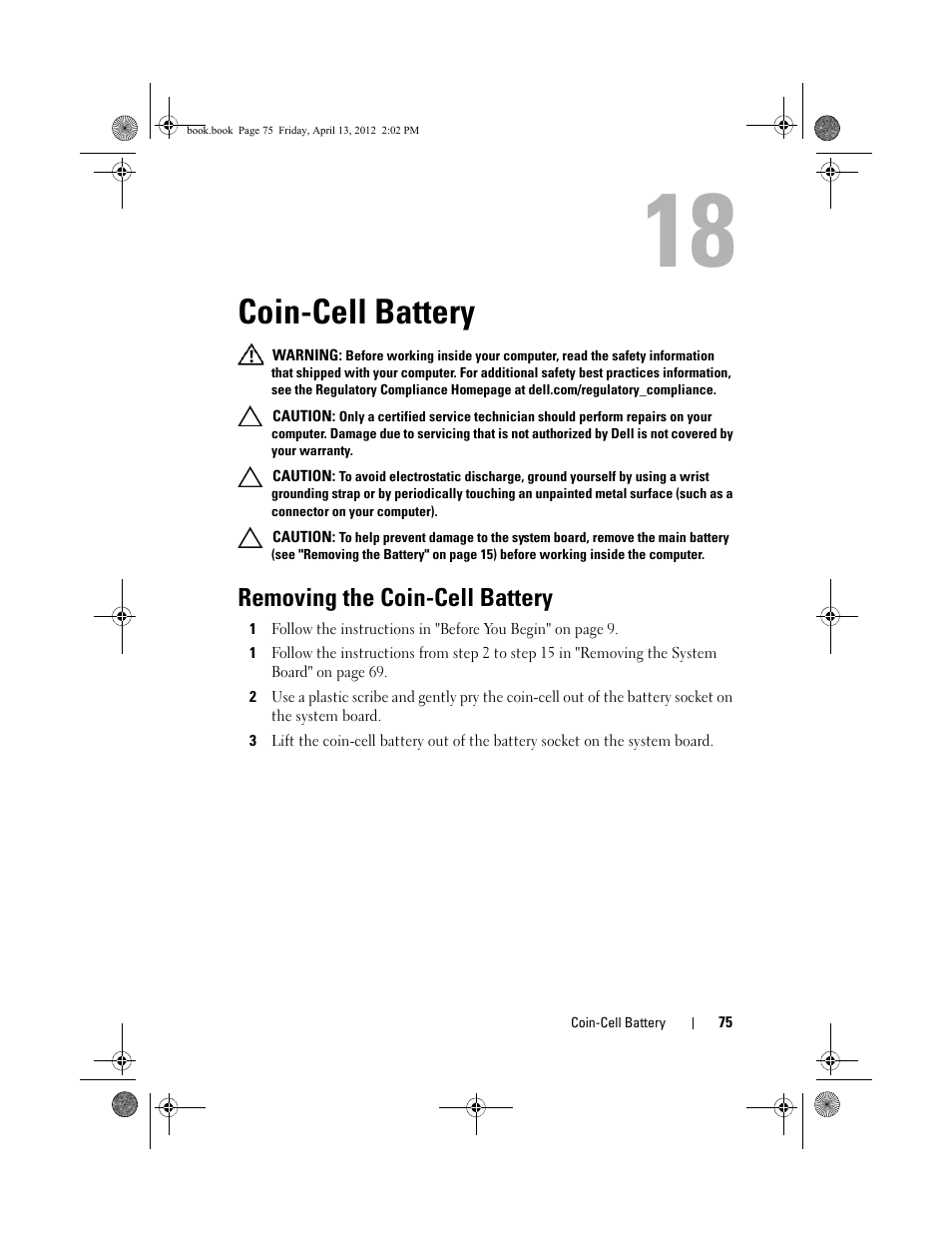 Coin-cell battery, Removing the coin-cell battery, Removing the coin-cell battery" on | Dell Inspiron 17R (N7110, Early 2011) User Manual | Page 75 / 116