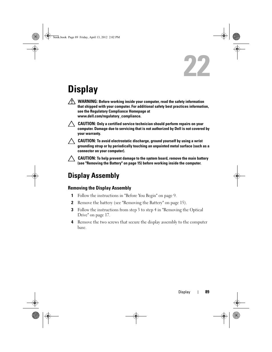 Display, Display assembly, Removing the display assembly | Dell Inspiron 17R (N7110, Early 2011) User Manual | Page 89 / 116