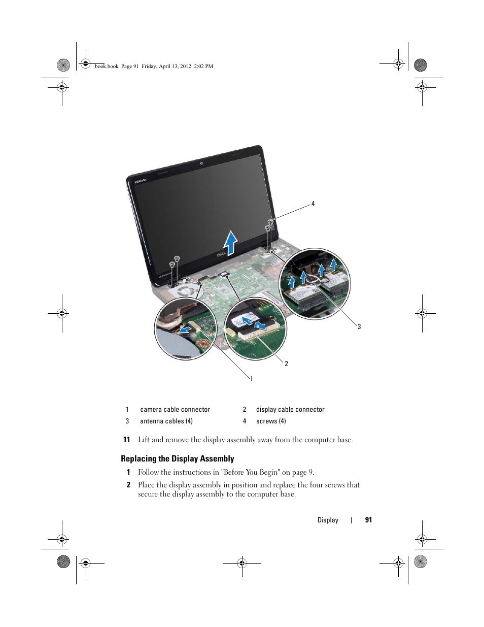 Replacing the display assembly | Dell Inspiron 17R (N7110, Early 2011) User Manual | Page 91 / 116