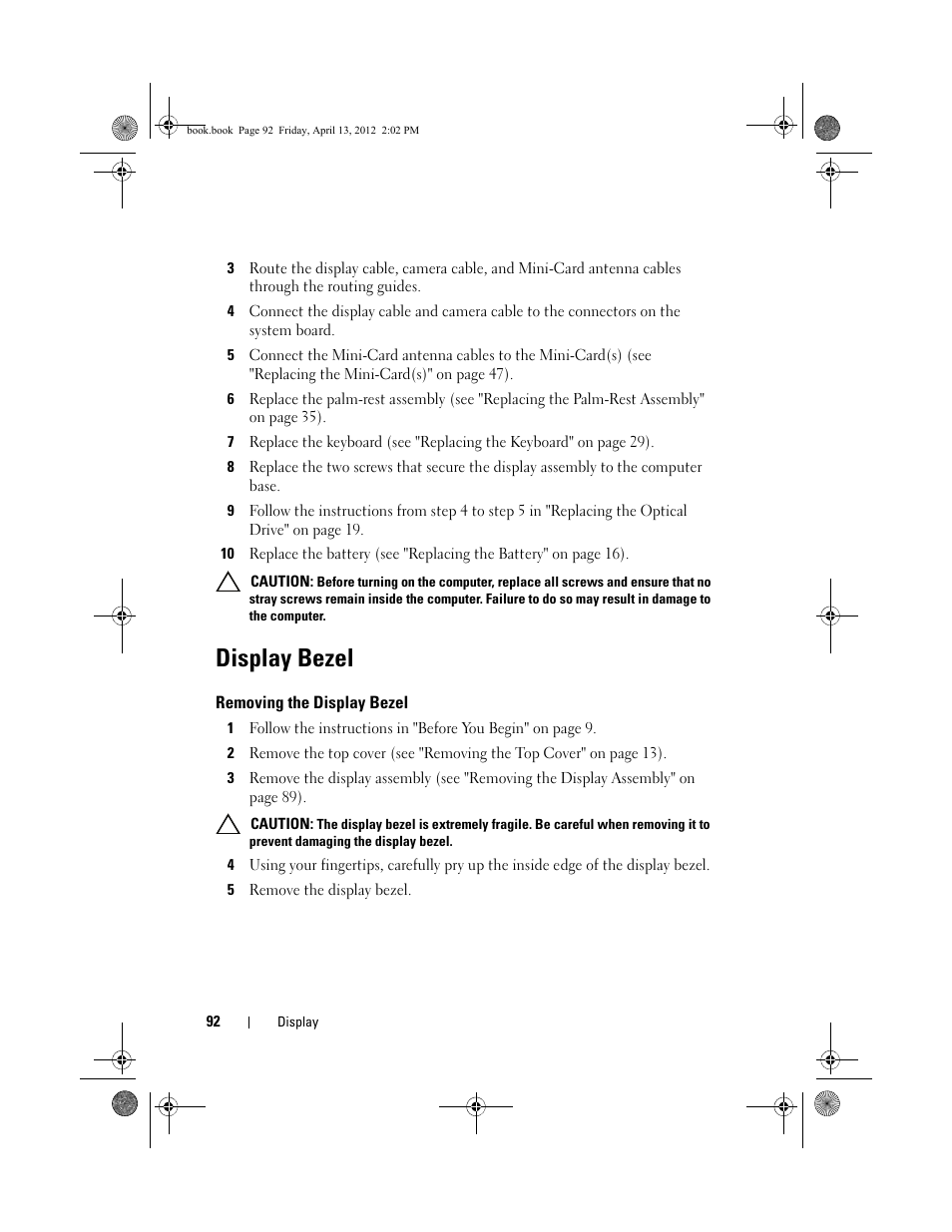 Display bezel, Removing the display bezel, 5 remove the display bezel | Dell Inspiron 17R (N7110, Early 2011) User Manual | Page 92 / 116