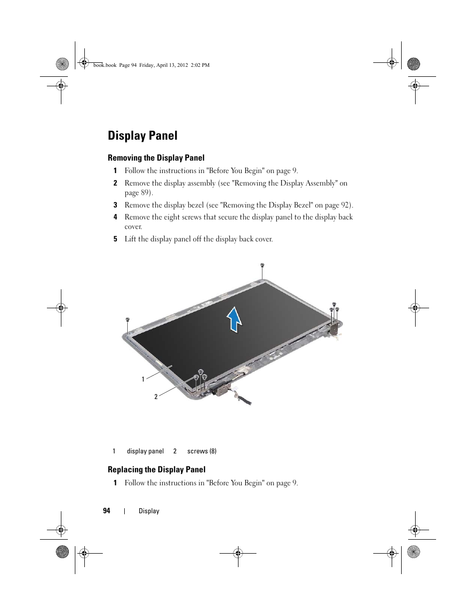 Display panel, Removing the display panel, Replacing the display panel | Dell Inspiron 17R (N7110, Early 2011) User Manual | Page 94 / 116