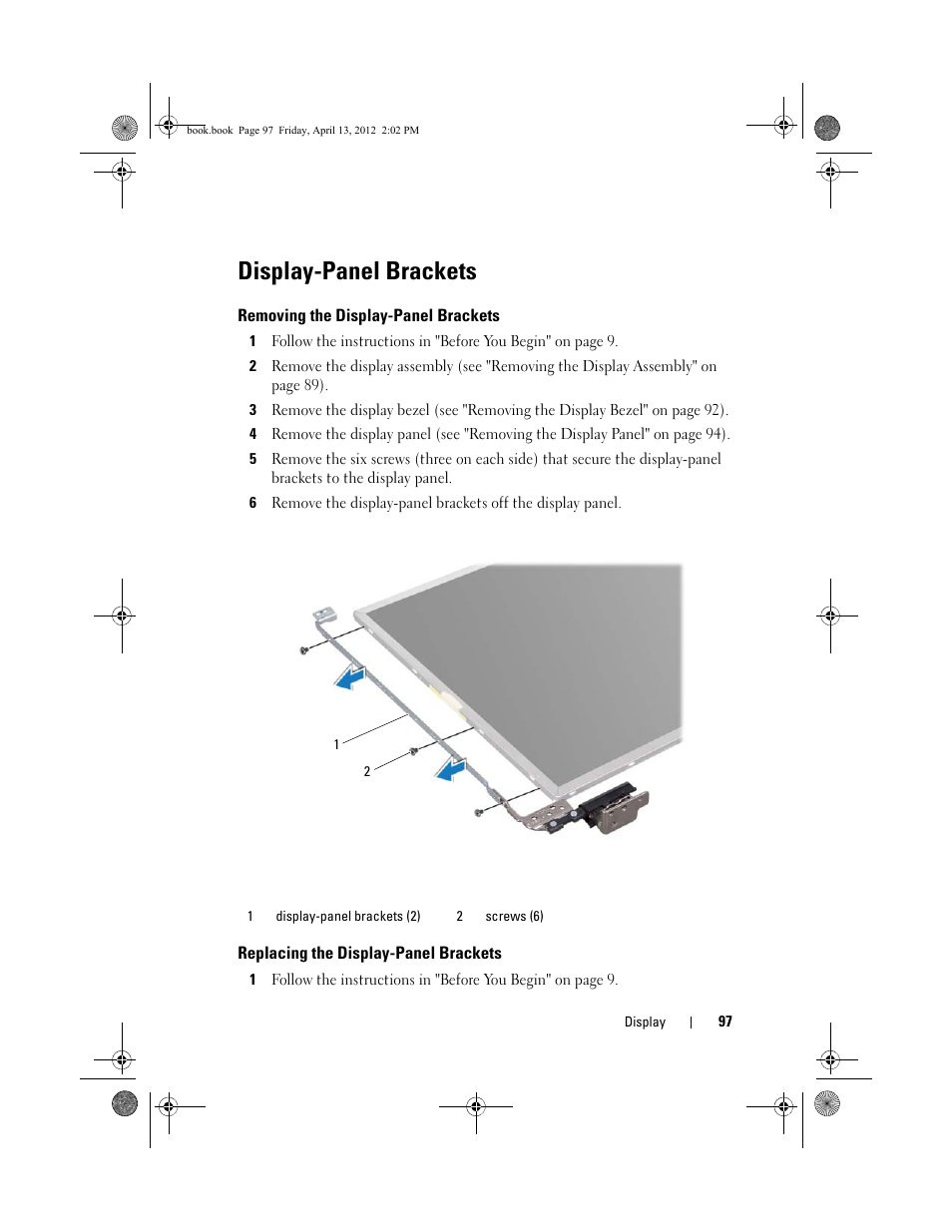 Display-panel brackets, Removing the display-panel brackets, Replacing the display-panel brackets | Dell Inspiron 17R (N7110, Early 2011) User Manual | Page 97 / 116