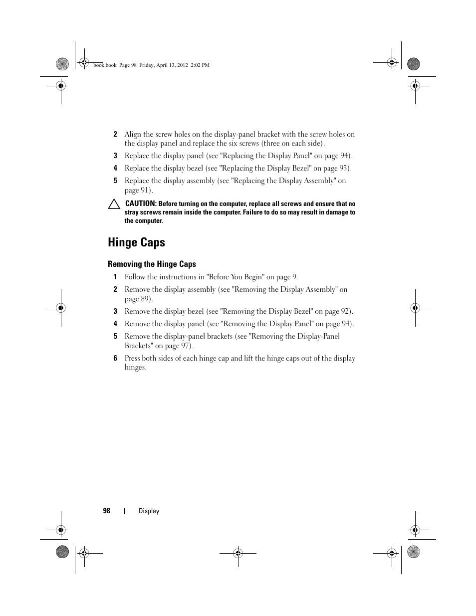 Hinge caps, Removing the hinge caps | Dell Inspiron 17R (N7110, Early 2011) User Manual | Page 98 / 116