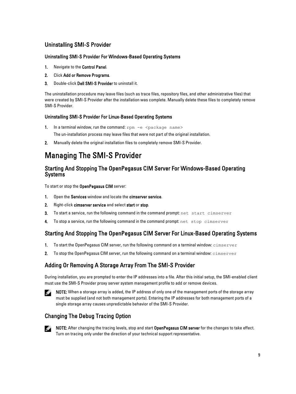 Uninstalling smi-s provider, Managing the smi-s provider, Changing the debug tracing option | Dell PowerVault MD3800i User Manual | Page 9 / 11