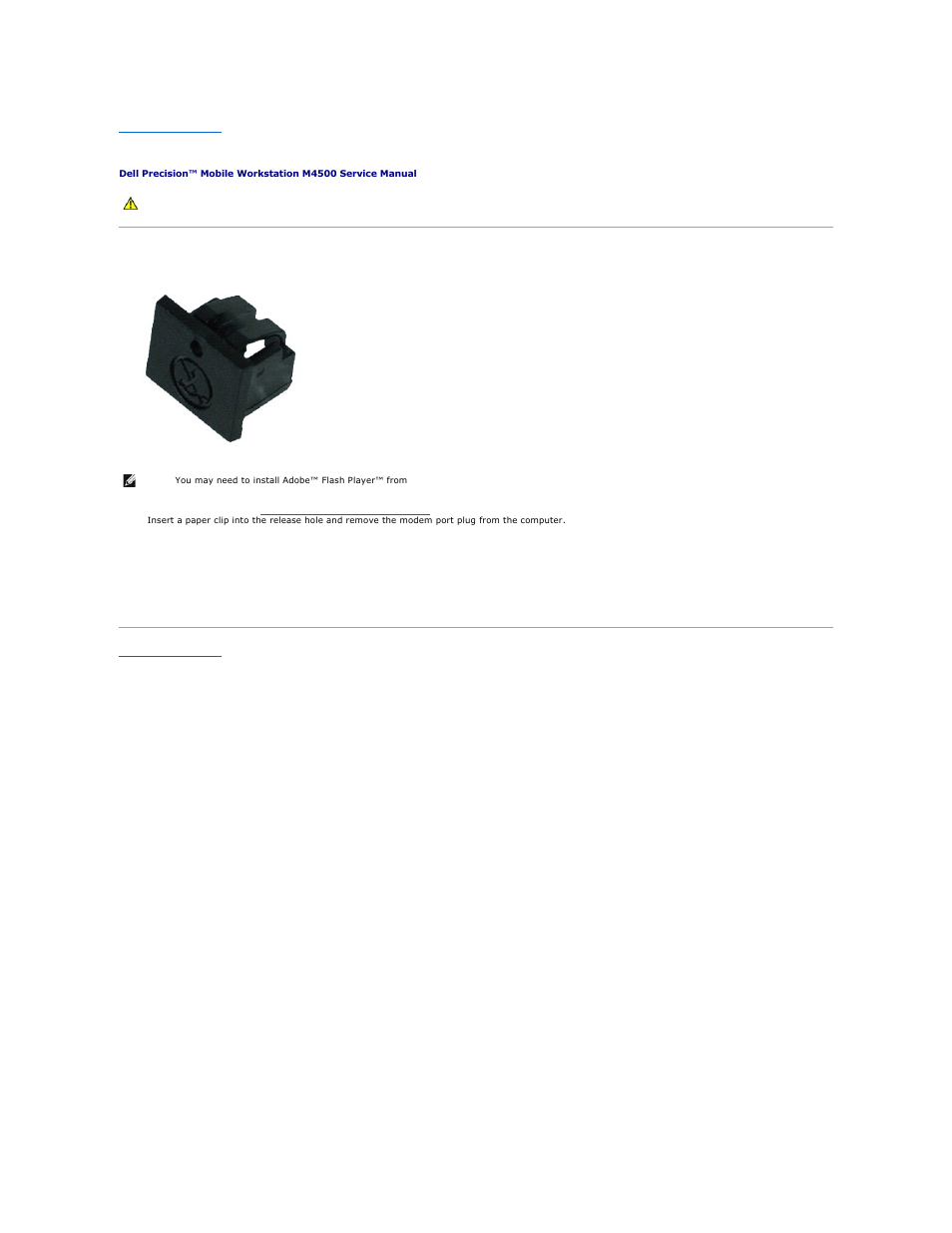 Modem port plug, Removing the modem port plug, Replacing the modem port plug | Dell Precision M4500 (Early 2010) User Manual | Page 32 / 54