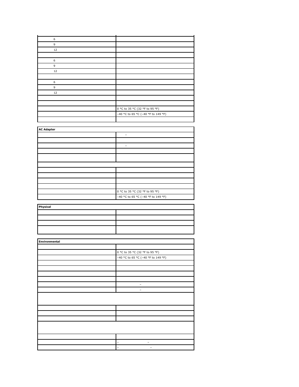 Ac adapter, Physical, Environmental | Dell Precision M4500 (Early 2010) User Manual | Page 48 / 54