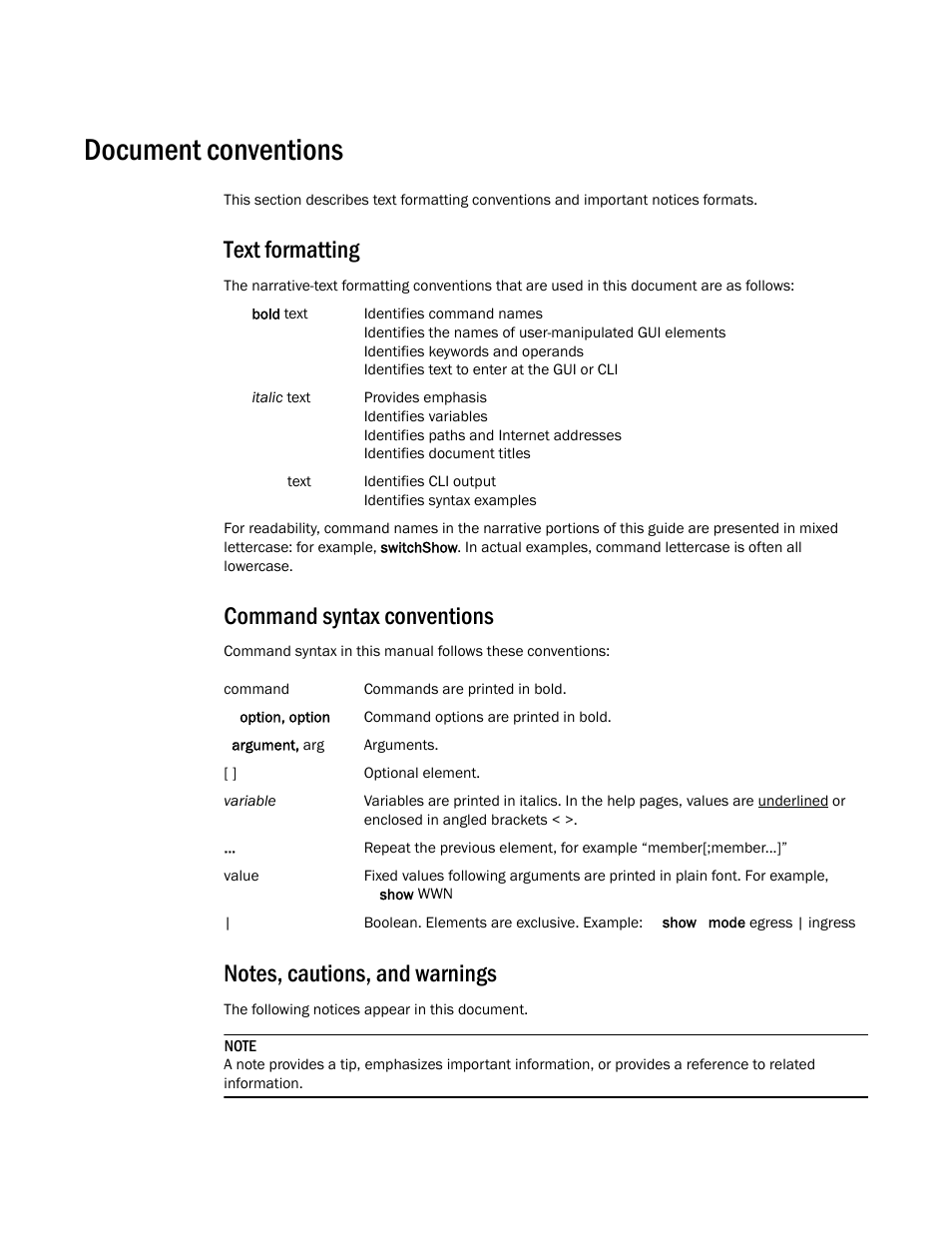 Document conventions, Text formatting, Command syntax conventions | Notes, cautions, and warnings | Dell POWEREDGE M1000E User Manual | Page 15 / 96