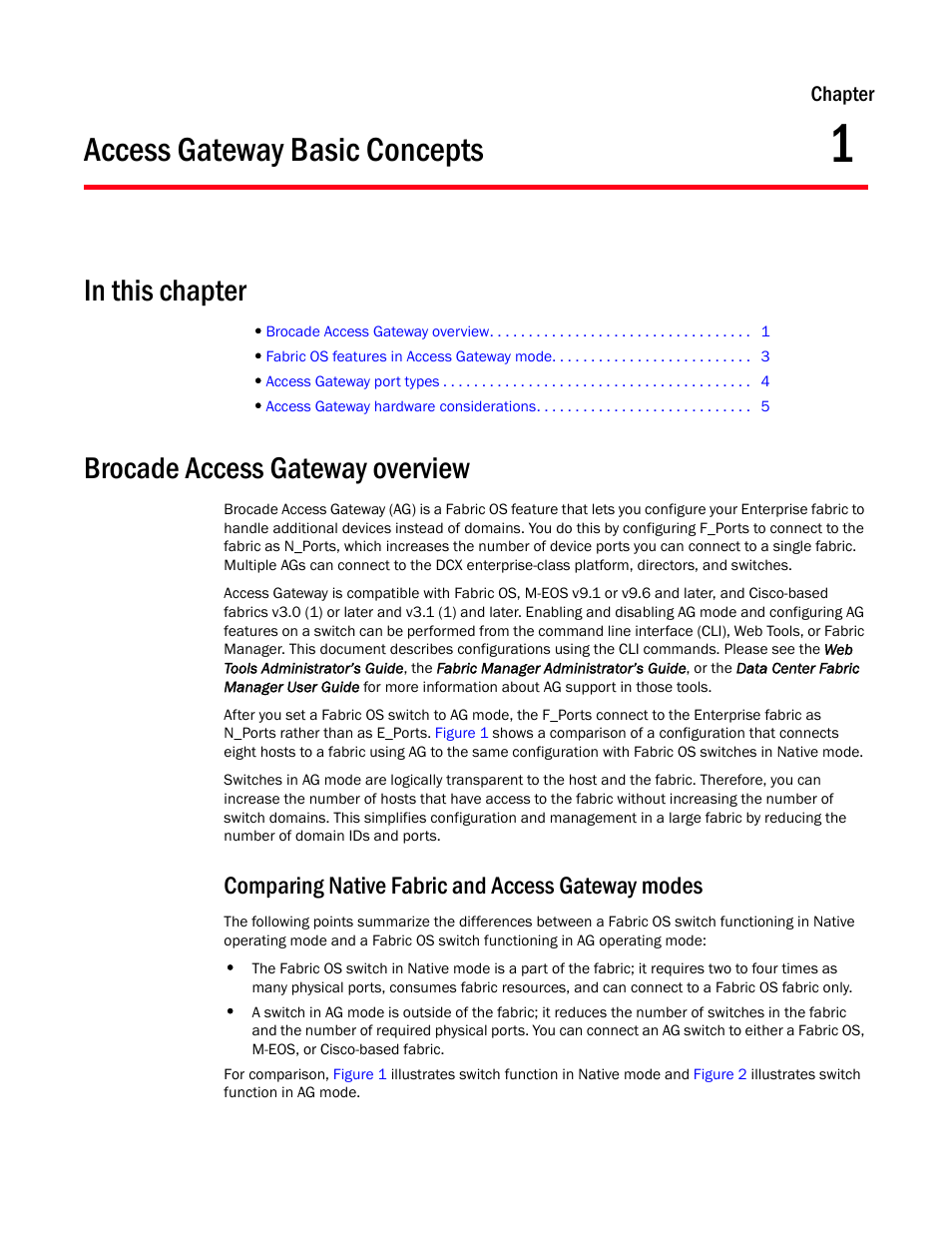 Access gateway basic concepts, In this chapter, Brocade access gateway overview | Comparing native fabric and access gateway modes, Chapter 1, Chapter 1, “access gateway basic concepts | Dell POWEREDGE M1000E User Manual | Page 21 / 96