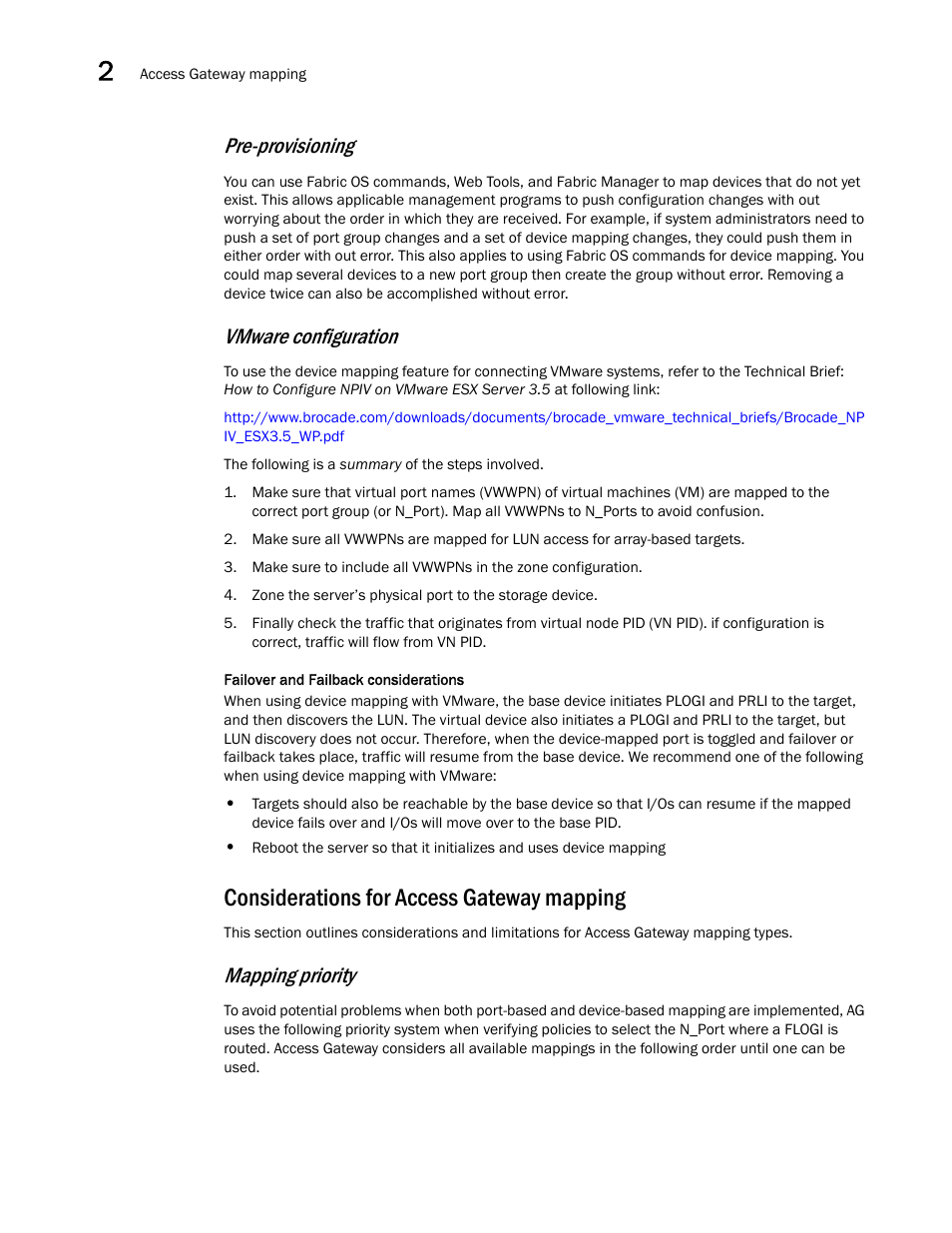 Considerations for access gateway mapping, Pre-provisioning, Vmware configuration | Mapping priority | Dell POWEREDGE M1000E User Manual | Page 42 / 96