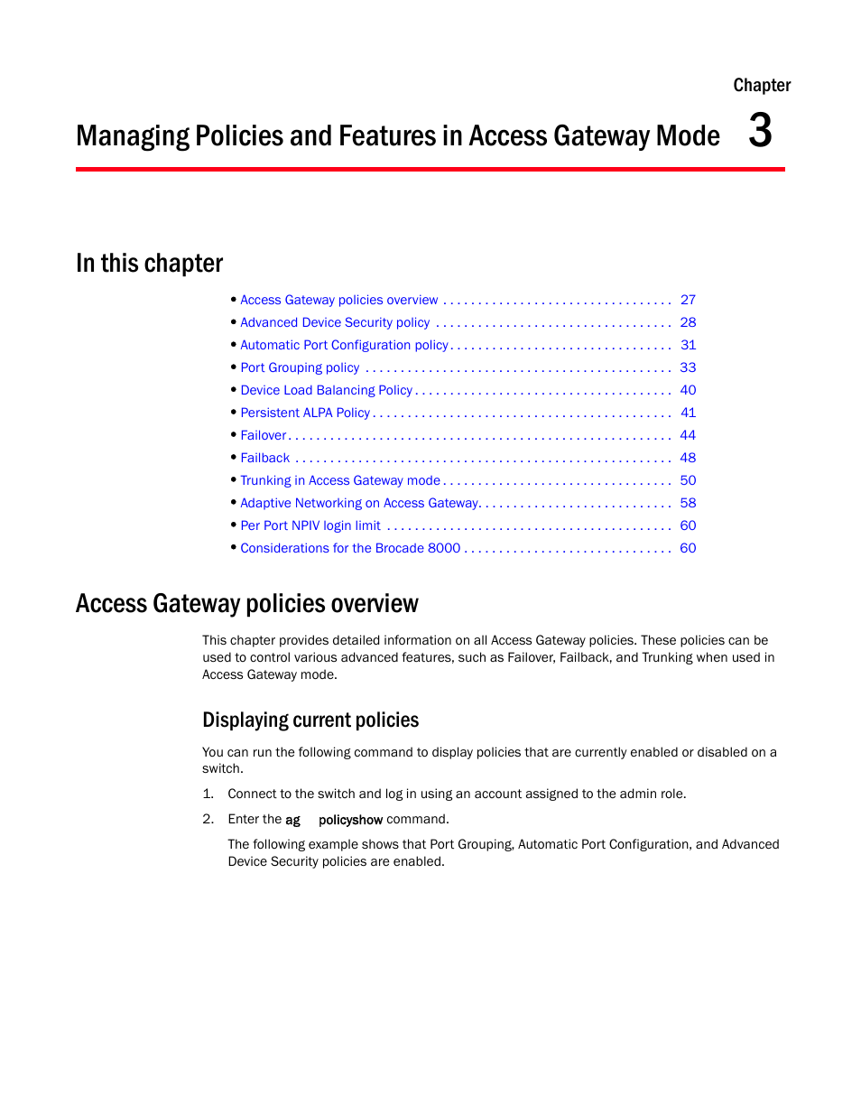 In this chapter, Access gateway policies overview, Displaying current policies | Chapter 3, Chapter | Dell POWEREDGE M1000E User Manual | Page 47 / 96