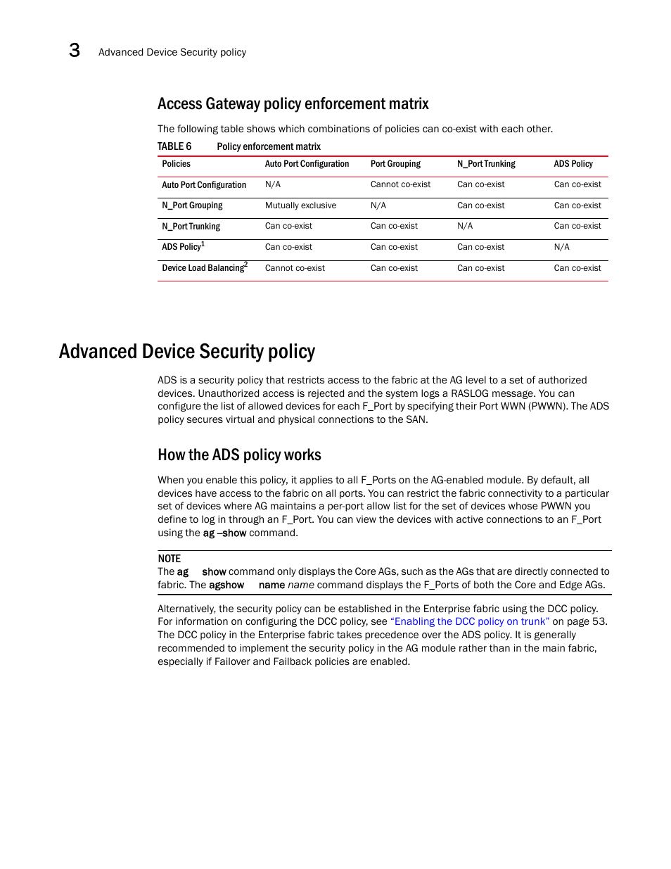 Access gateway policy enforcement matrix, Advanced device security policy, How the ads policy works | Table 6 | Dell POWEREDGE M1000E User Manual | Page 48 / 96