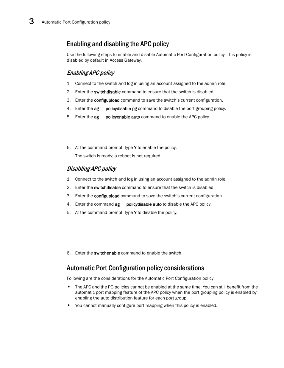 Enabling and disabling the apc policy, Automatic port configuration policy considerations, Enabling apc policy | Disabling apc policy | Dell POWEREDGE M1000E User Manual | Page 52 / 96