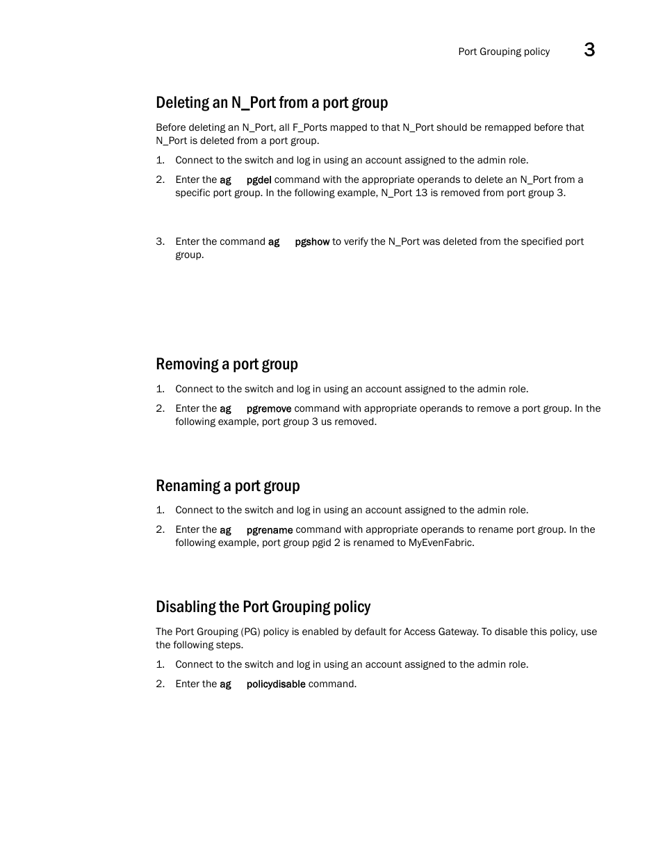 Deleting an n_port from a port group, Removing a port group, Renaming a port group | Disabling the port grouping policy | Dell POWEREDGE M1000E User Manual | Page 55 / 96