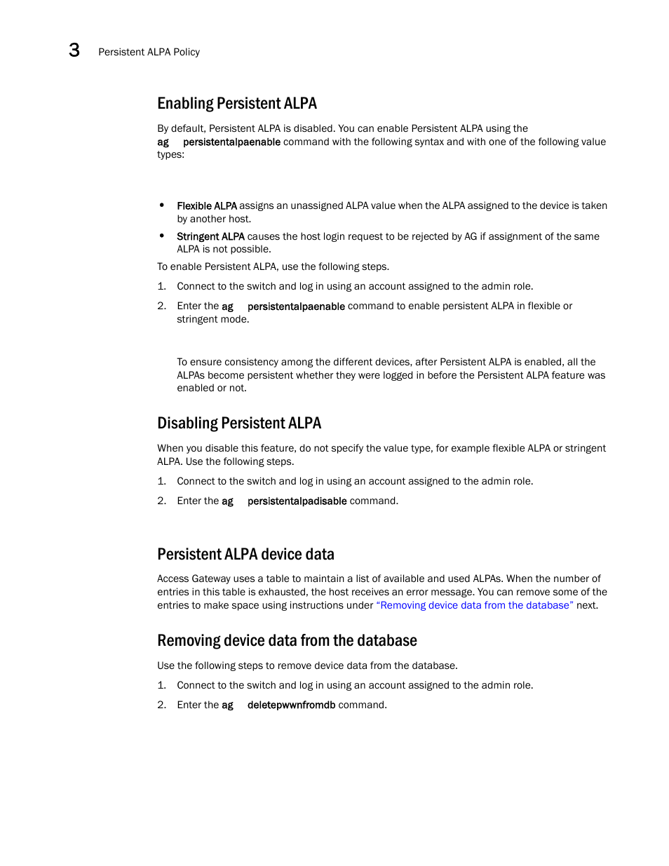 Enabling persistent alpa, Disabling persistent alpa, Persistent alpa device data | Removing device data from the database | Dell POWEREDGE M1000E User Manual | Page 62 / 96