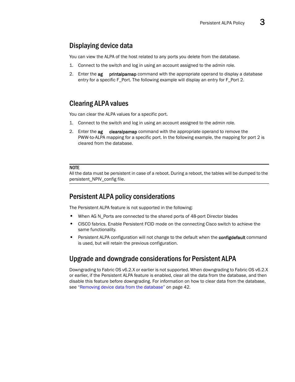 Displaying device data, Clearing alpa values, Persistent alpa policy considerations | Dell POWEREDGE M1000E User Manual | Page 63 / 96