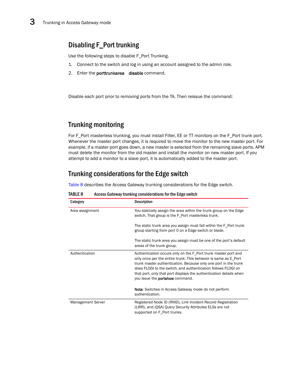 Disabling f_port trunking, Trunking monitoring, Trunking considerations for the edge switch | Table 8 | Dell POWEREDGE M1000E User Manual | Page 74 / 96