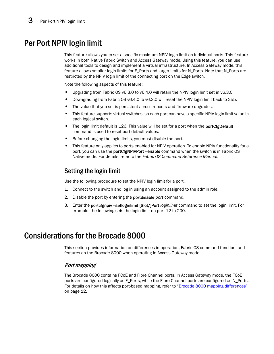 Per port npiv login limit, Setting the login limit, Considerations for the brocade 8000 | Port mapping | Dell POWEREDGE M1000E User Manual | Page 80 / 96