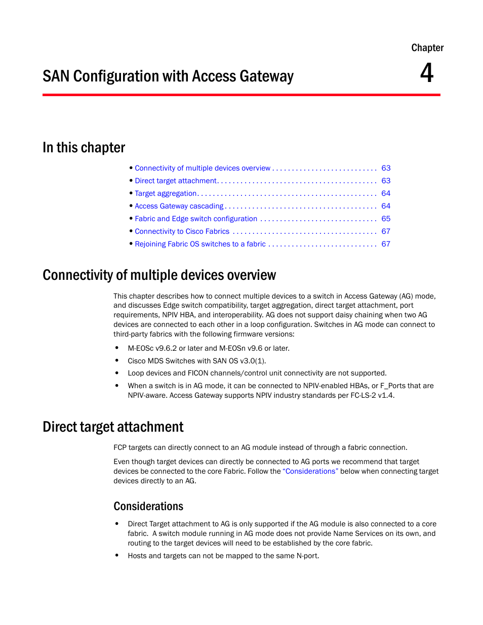 San configuration with access gateway, In this chapter, Connectivity of multiple devices overview | Direct target attachment, Considerations, Chapter 4, Chapter 4, “san configuration with access gateway | Dell POWEREDGE M1000E User Manual | Page 83 / 96