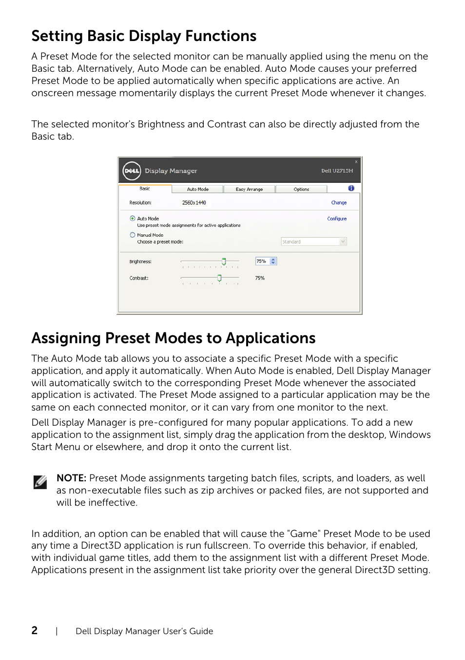 Assigning preset modes to applications, Setting basic display functions | Dell U2715H Monitor User Manual | Page 2 / 4