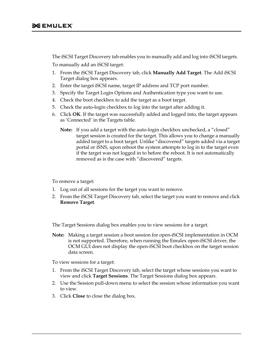 Manually adding an iscsi target, Removing targets, Viewing target sessions | Rget. see “manually, E “removing | Dell Emulex Family of Adapters User Manual | Page 100 / 1815