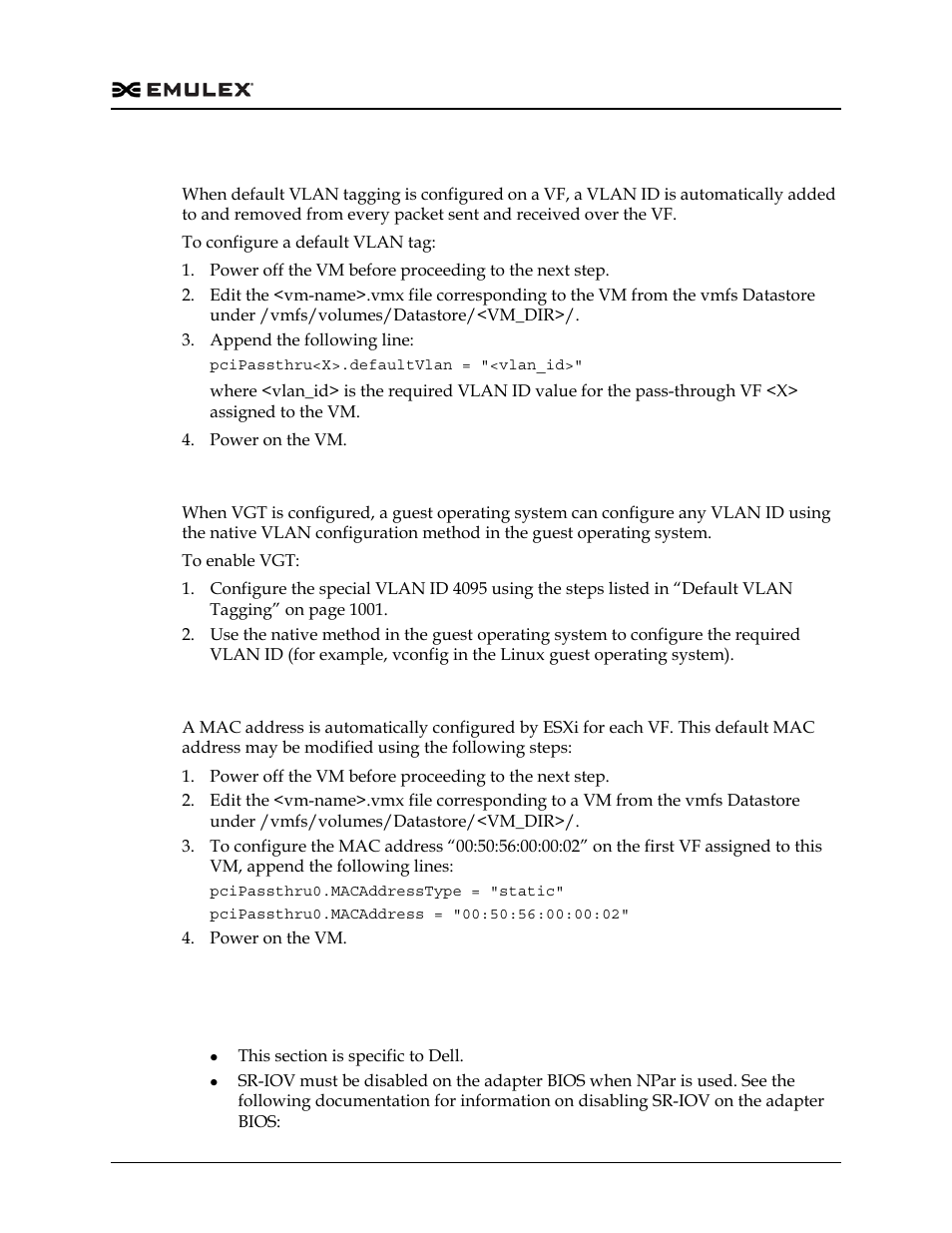 Default vlan tagging, Virtual guest tagging, Configuring a static mac for a vf | Configuring npar (dell only) | Dell Emulex Family of Adapters User Manual | Page 1001 / 1815