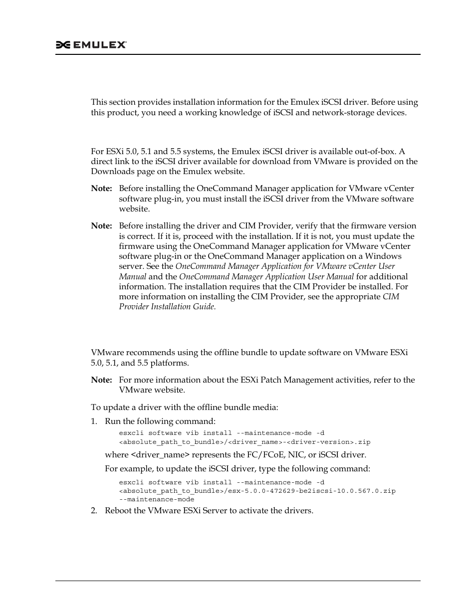 Installing the iscsi driver, Updating drivers with vmware offline bundle media | Dell Emulex Family of Adapters User Manual | Page 1005 / 1815