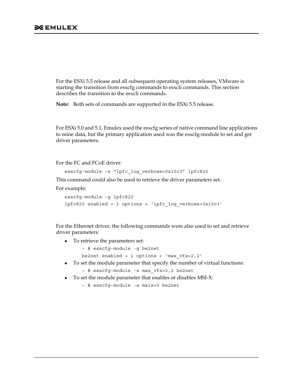 Configuration, Esxi command line tool transition, Esxi 5.0 and 5.1 implementation | Fc and fcoe driver examples, Ethernet driver examples, Configuration 6, Esxi command line tool transition 6 | Dell Emulex Family of Adapters User Manual | Page 1006 / 1815