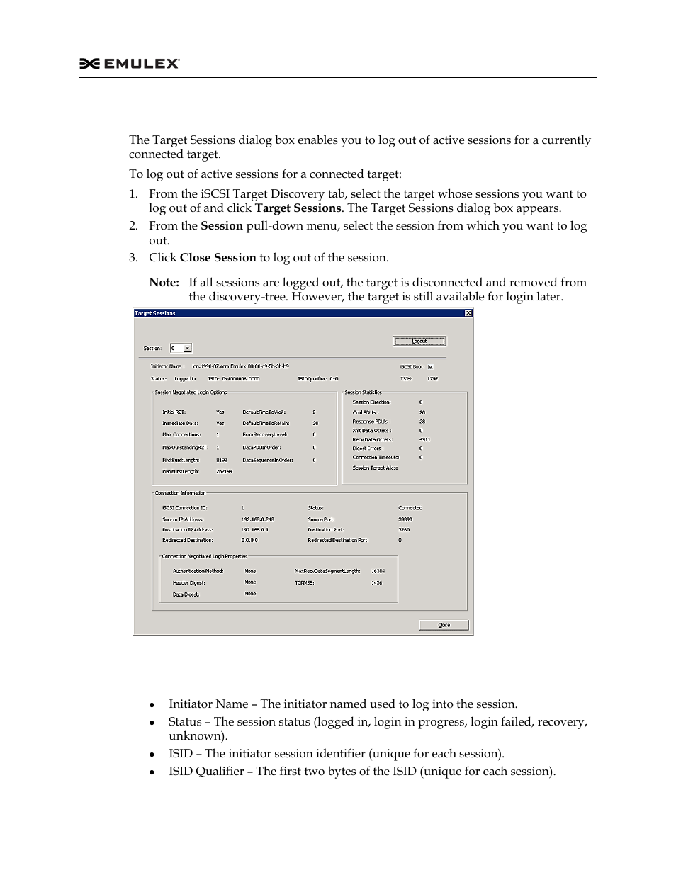 Logging out of target sessions, Target sessions field definitions, Figure 5-10 | Dell Emulex Family of Adapters User Manual | Page 101 / 1815