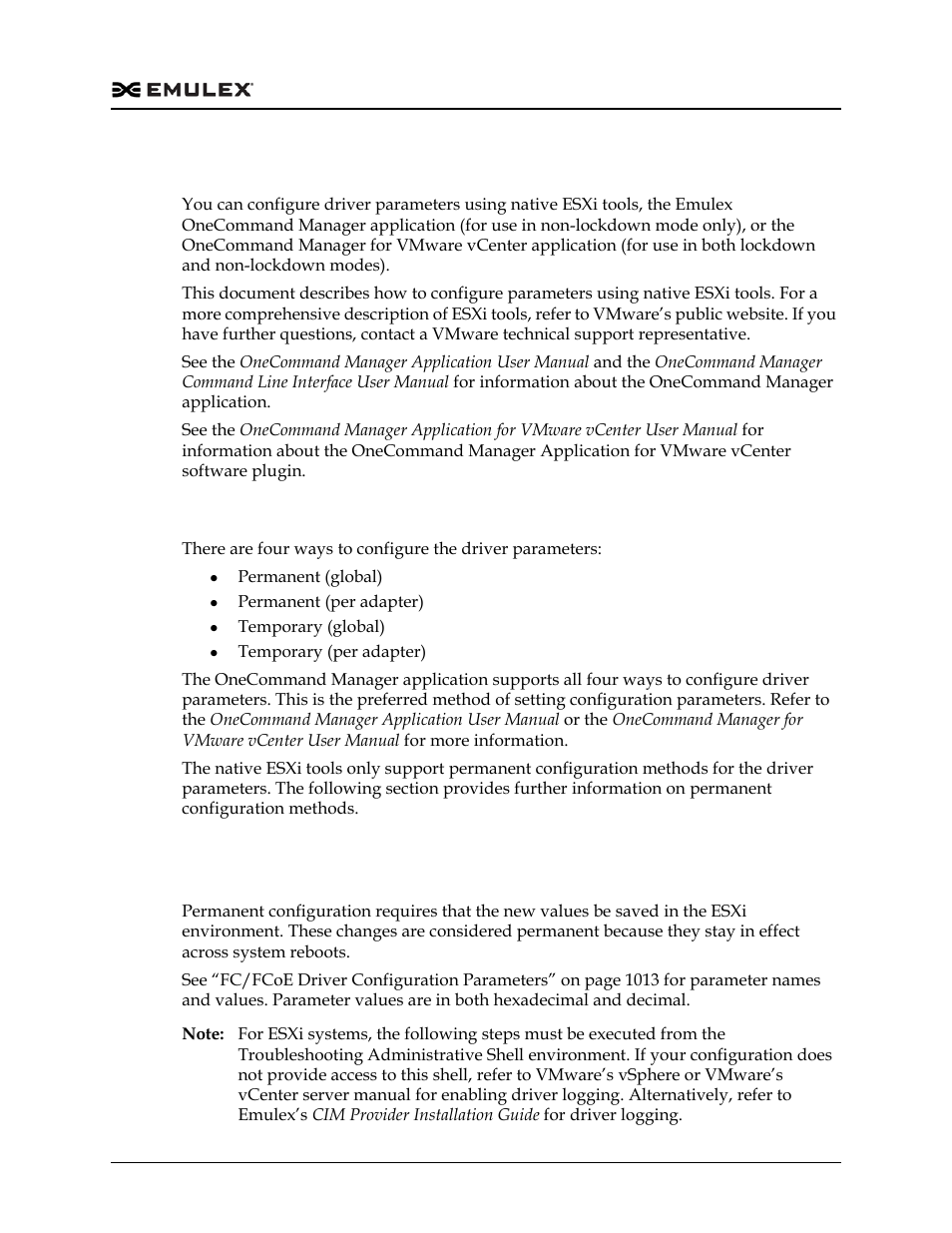 Fc and fcoe driver configuration, Fc/fcoe driver parameters configuration methods, Fc and fcoe driver configuration 0 | Fc/fcoe, Permanent, Configuration methods using native esxi tools | Dell Emulex Family of Adapters User Manual | Page 1010 / 1815