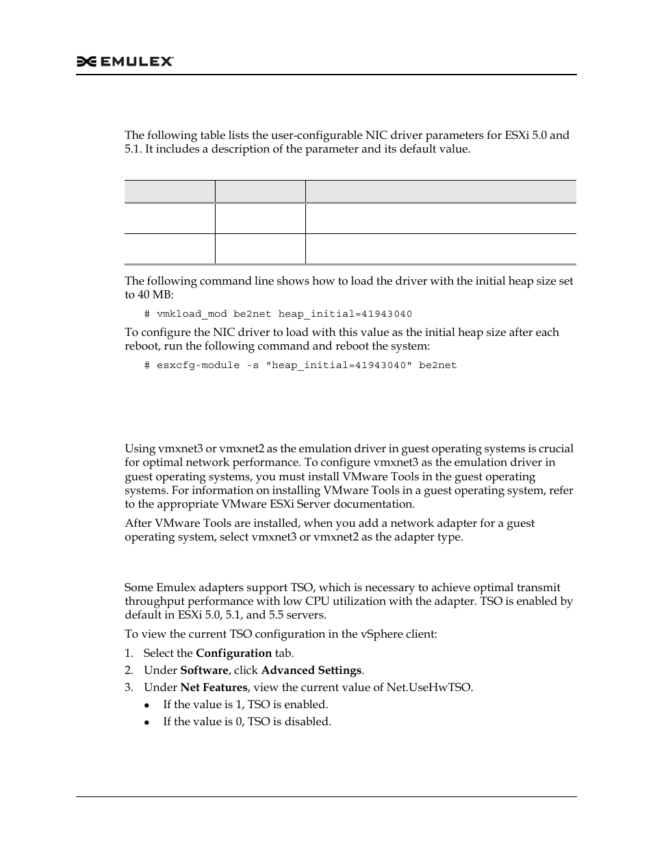 Configuring esxi 5.0 and 5.1 nic driver parameters, Performance tuning, Using vmxnet emulation | Enabling tso, Table 3-3 | Dell Emulex Family of Adapters User Manual | Page 1023 / 1815