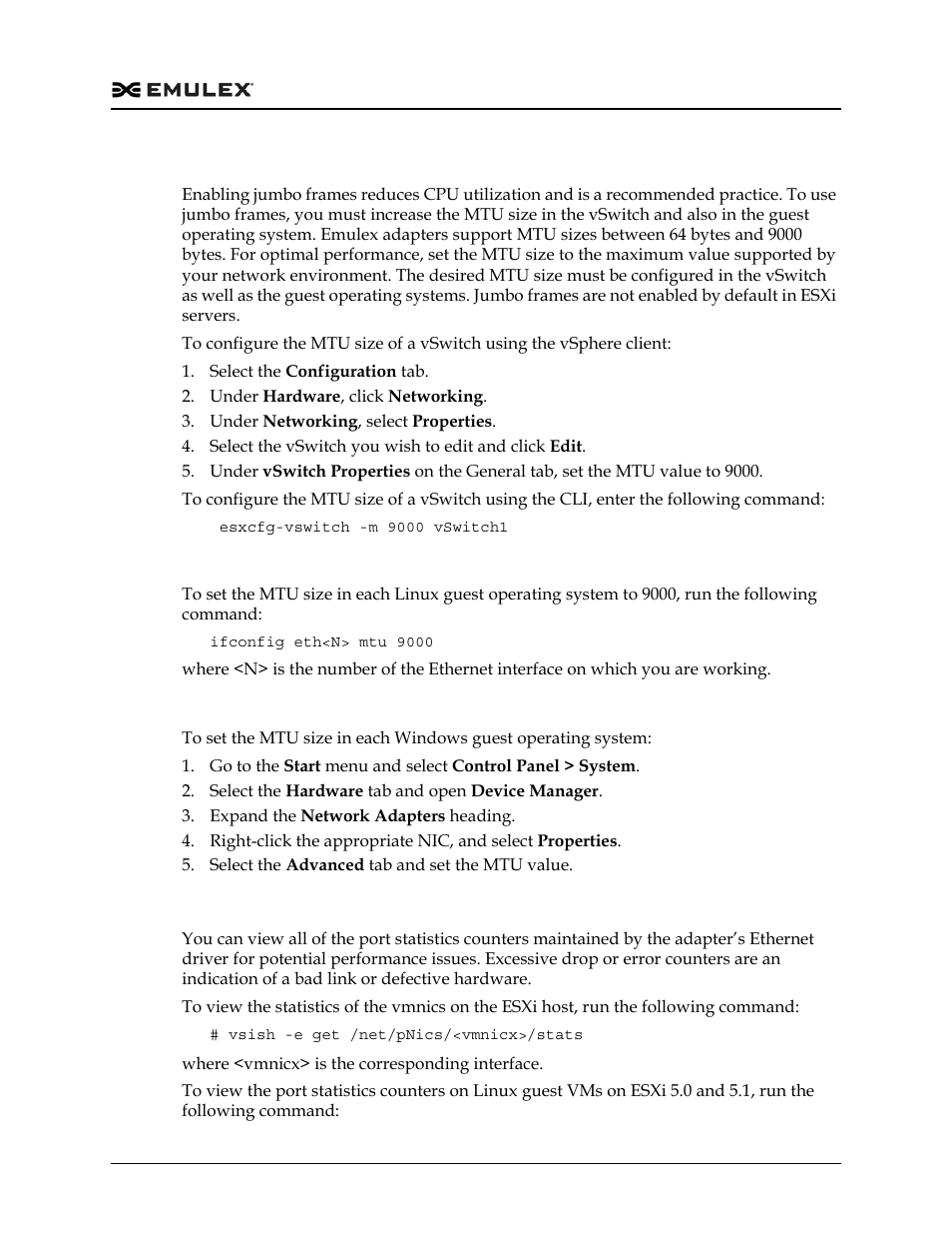 Enabling jumbo frames, Using the port statistics counters | Dell Emulex Family of Adapters User Manual | Page 1024 / 1815