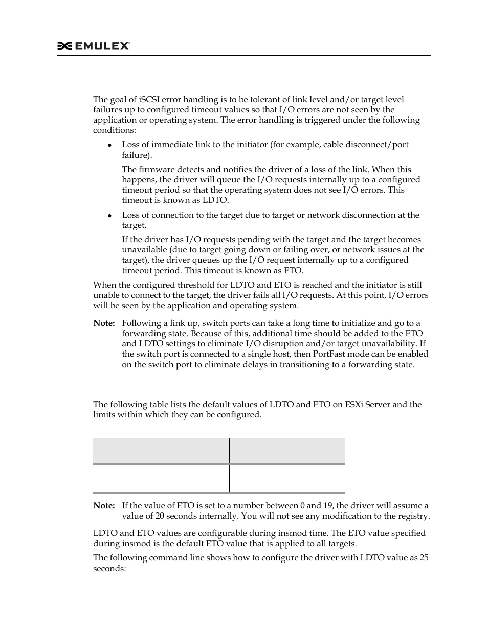 Iscsi error handling, Configuring ldto and eto on esxi server, Table 3-7 | Dell Emulex Family of Adapters User Manual | Page 1031 / 1815