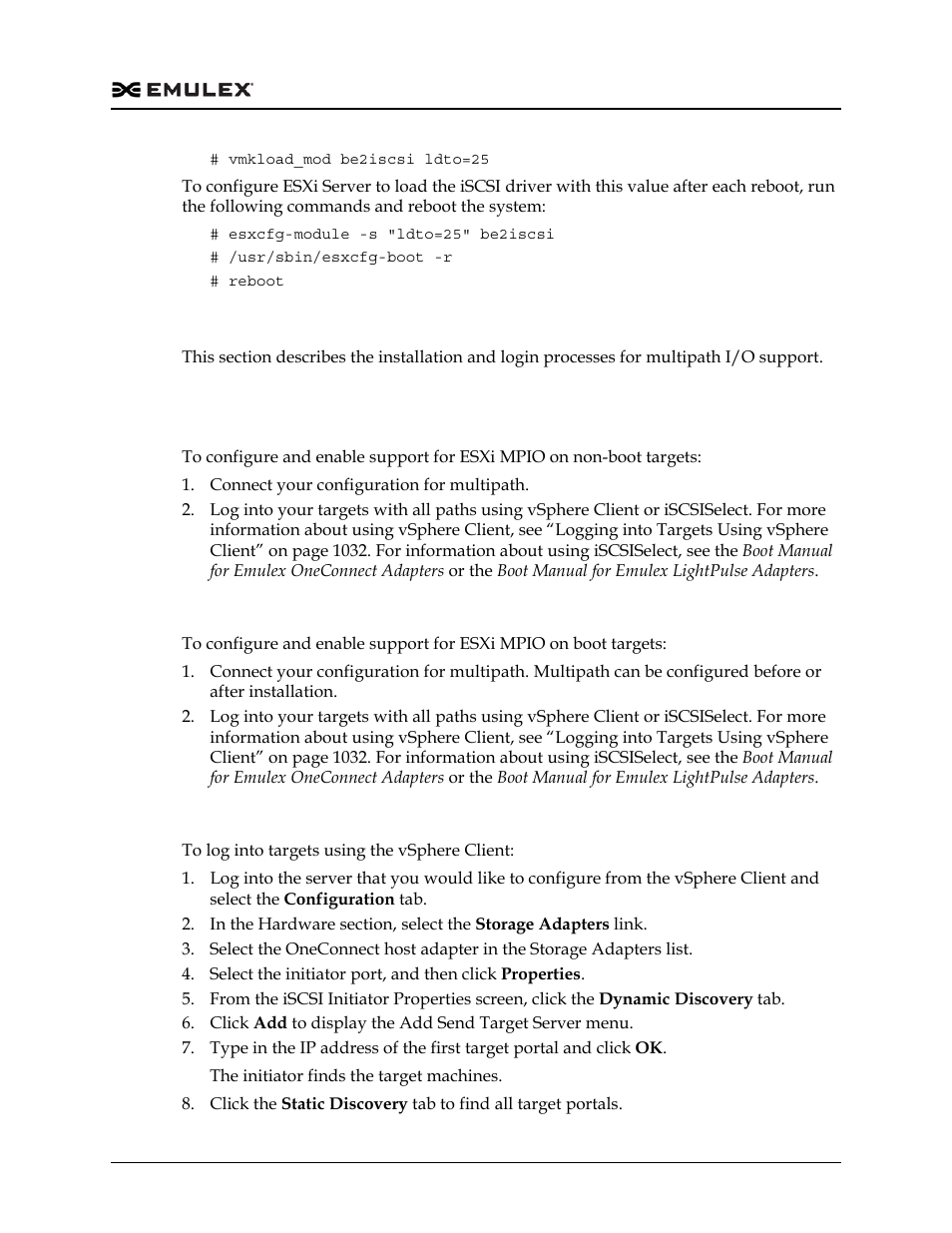 Multipath i/o support, Logging into targets using vsphere client | Dell Emulex Family of Adapters User Manual | Page 1032 / 1815