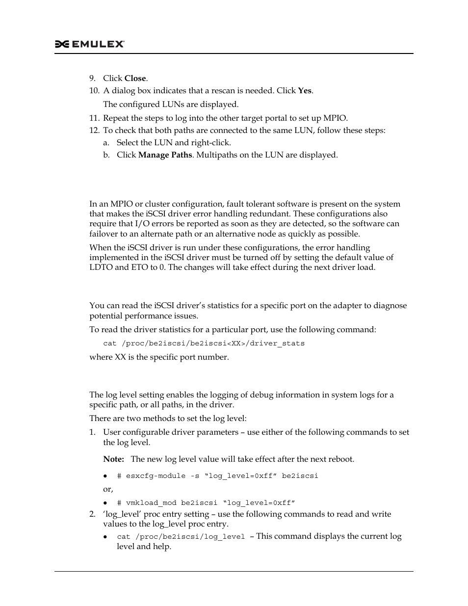 Reading the driver statistics for a specified port, Setting the log level | Dell Emulex Family of Adapters User Manual | Page 1033 / 1815