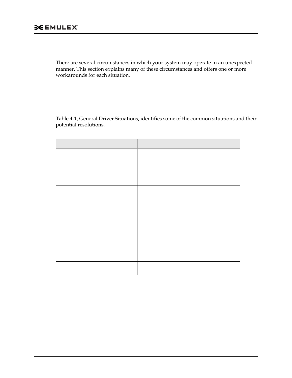 Troubleshooting, Troubleshooting the fc/fcoe driver, General situations | Troubleshooting 5, Troubleshooting the fc/fcoe driver 5, Table 4-1 | Dell Emulex Family of Adapters User Manual | Page 1035 / 1815