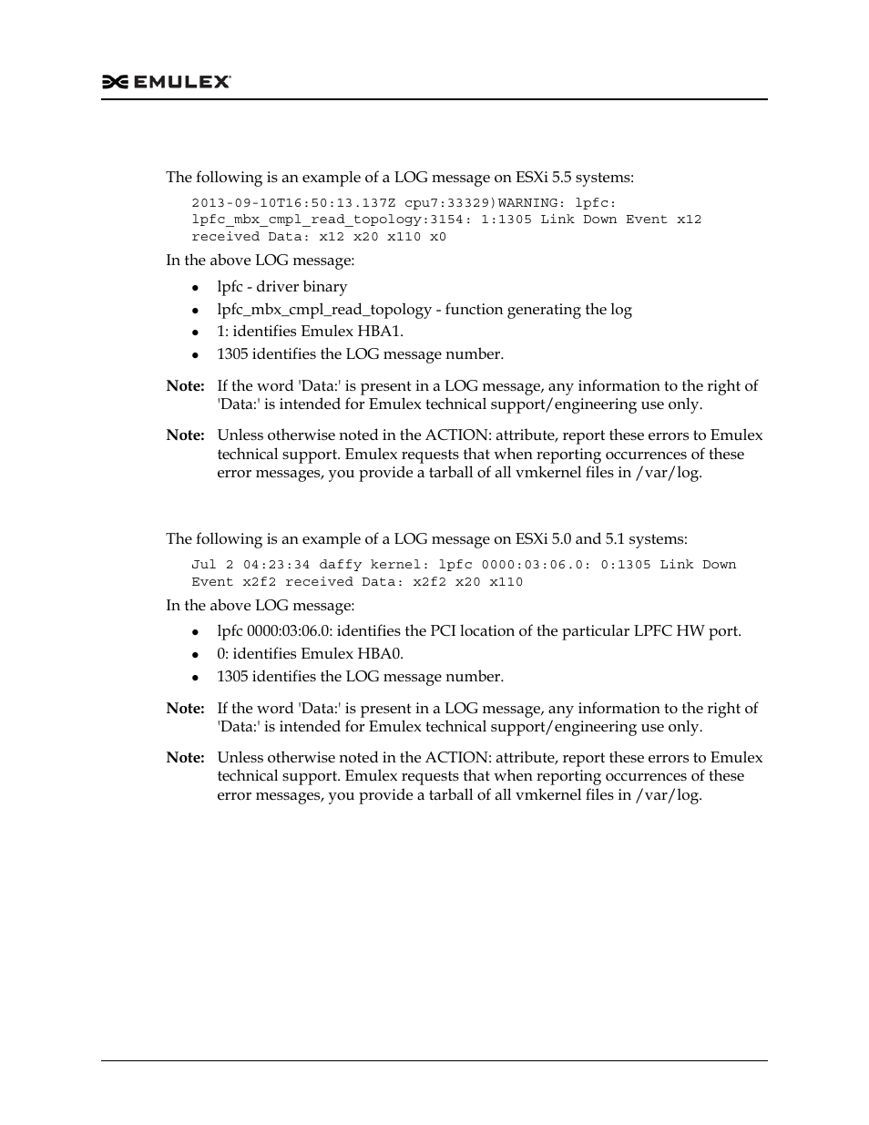 Esxi 5.5 message log example, Esxi 5.0 and 5.1 message log example | Dell Emulex Family of Adapters User Manual | Page 1039 / 1815